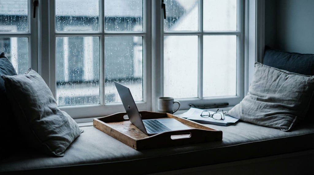 A window seat turned into a workspace, cushions pushed aside, laptop on a wooden tray (f)
