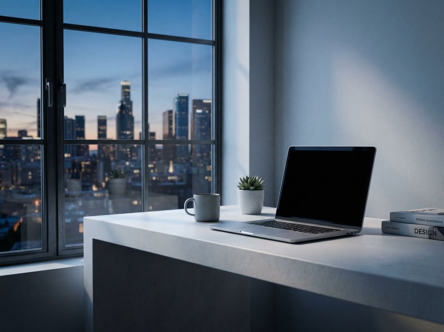 A modern studio apartment workspace, laptop on a white concrete desk (ppg6kdgz)