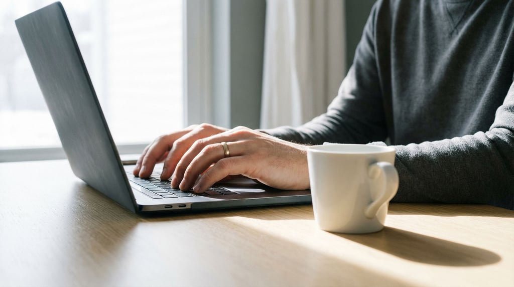 A clean minimal desk with a single laptop and ceramic coffee mug (dgfgwxvx)