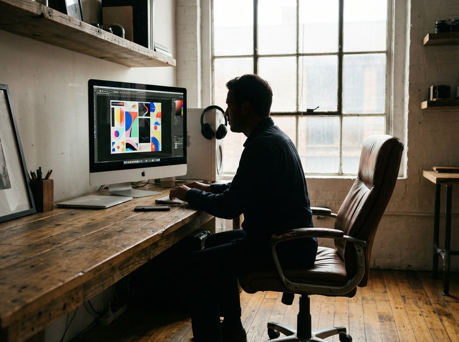 A modern creative studio with a large screen showing design work, clean desk (q3cduuzg)