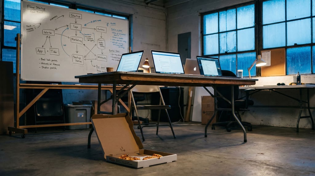 A startup garage office, whiteboard covered in scribbled diagrams behind a folding table with three (kq1nst51)