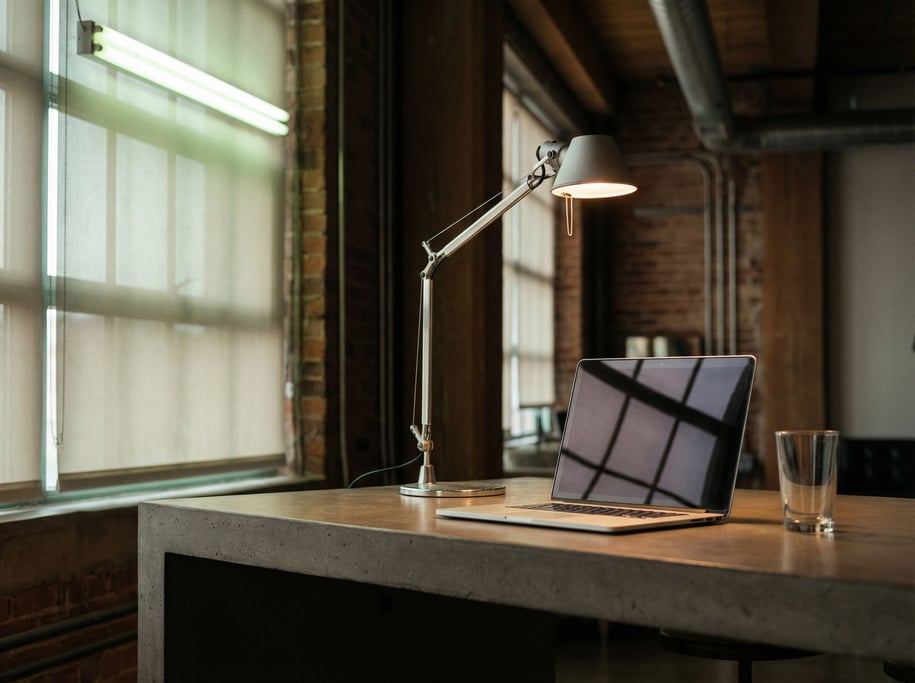 A minimal concrete desk with a laptop and a single architectural lamp, sharp clean lines (mhrccx0n)