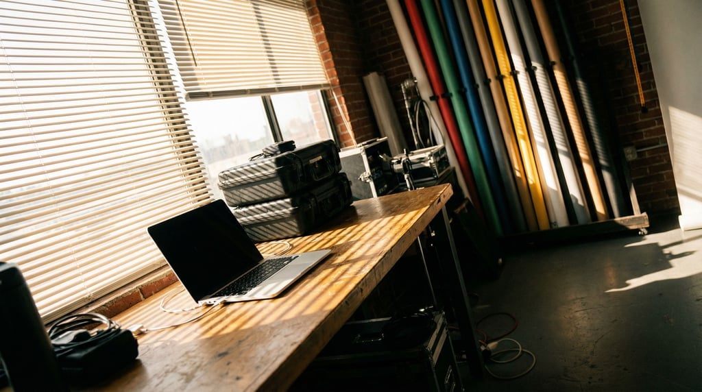 A photography studio office area, laptop next to lighting equipment cases (mrdlveva)