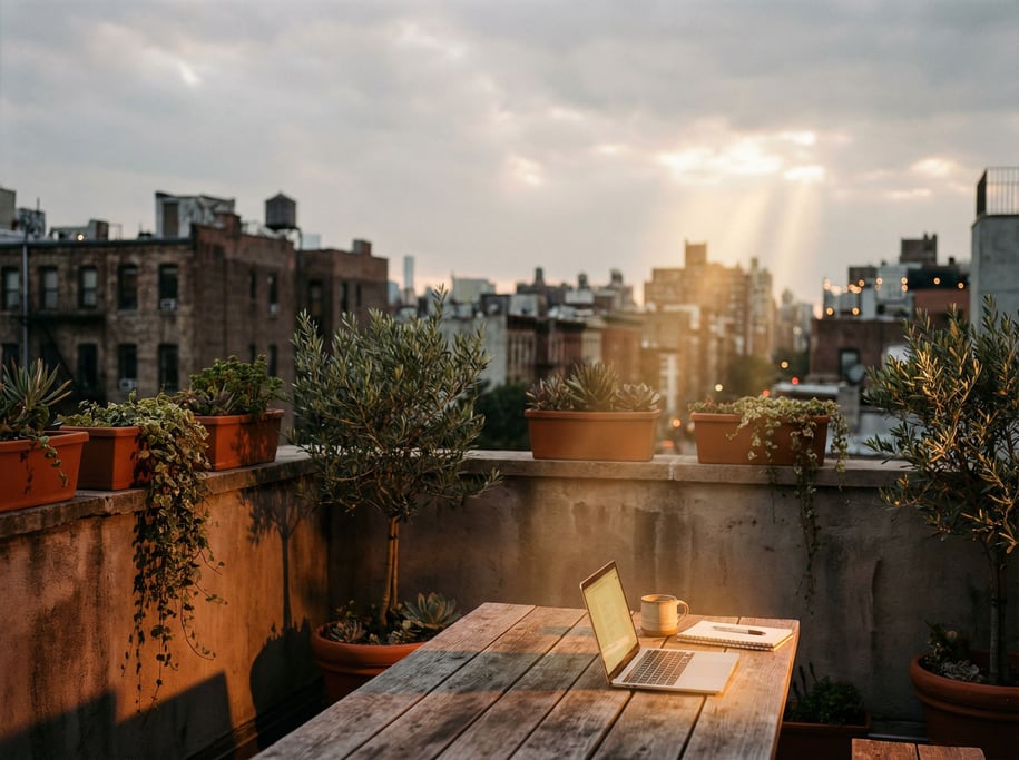 A rooftop workspace setup, laptop on a simple outdoor table, overcast sky, blurred city behind (dapluern)