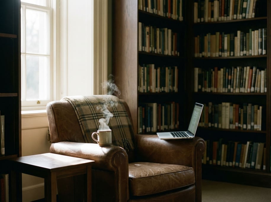 A library reading nook with a laptop balanced on the armrest of a worn leather chair (vfcj5xad)