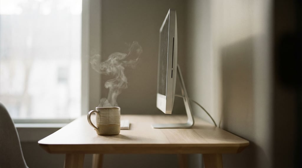 A minimal Scandinavian desk setup, light birch wood, slim monitor, single ceramic mug (tuvkwkkn)