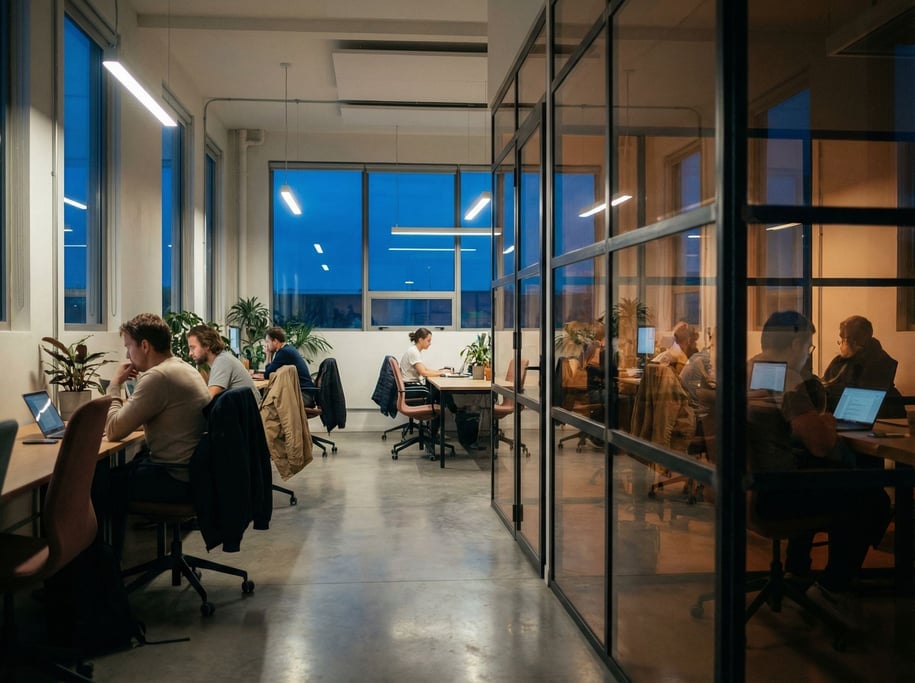 A modern coworking space with polished concrete floors, steel and glass partitions (tbpfqfqb)