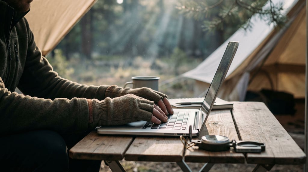 A camping setup workspace, laptop on a portable table outside a tent, forest clearing (hisbmwo)