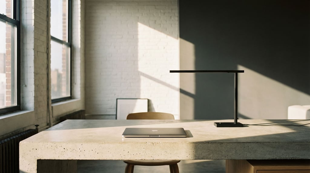 A minimal concrete desk with a laptop and a single architectural lamp, sharp clean lines (6fbs3jun)