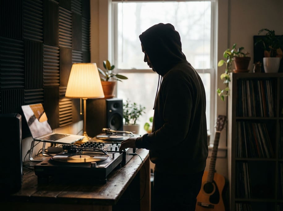 A vinyl DJ's home studio, laptop next to turntables and a mixer, acoustic foam panels on the wall