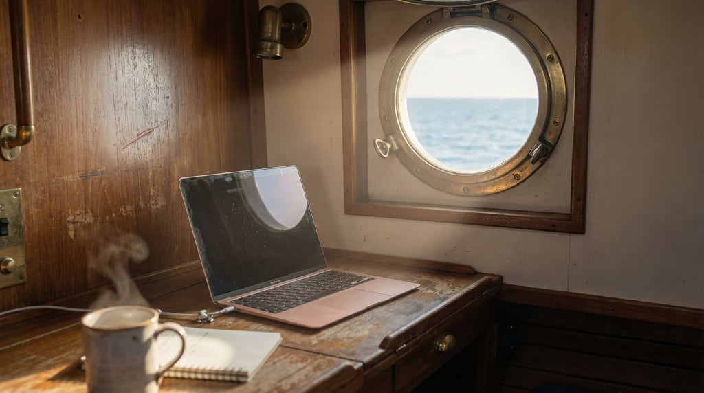 A boat cabin workspace, laptop secured on a narrow teak desk (oqc)