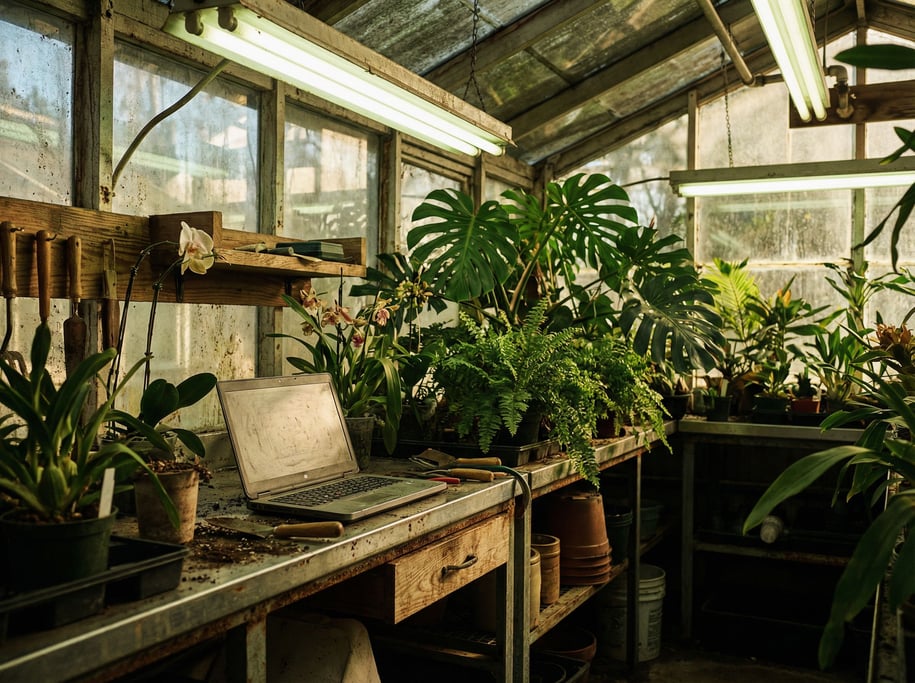 A greenhouse workspace, laptop on a metal potting bench
