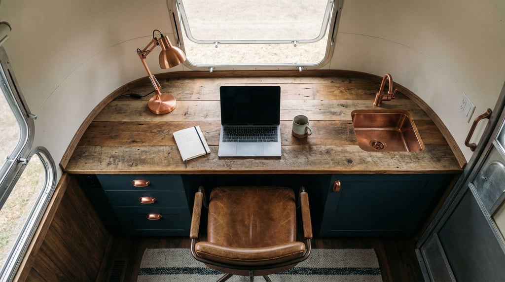 A vintage Airstream interior converted to an office, compact desk with a laptop