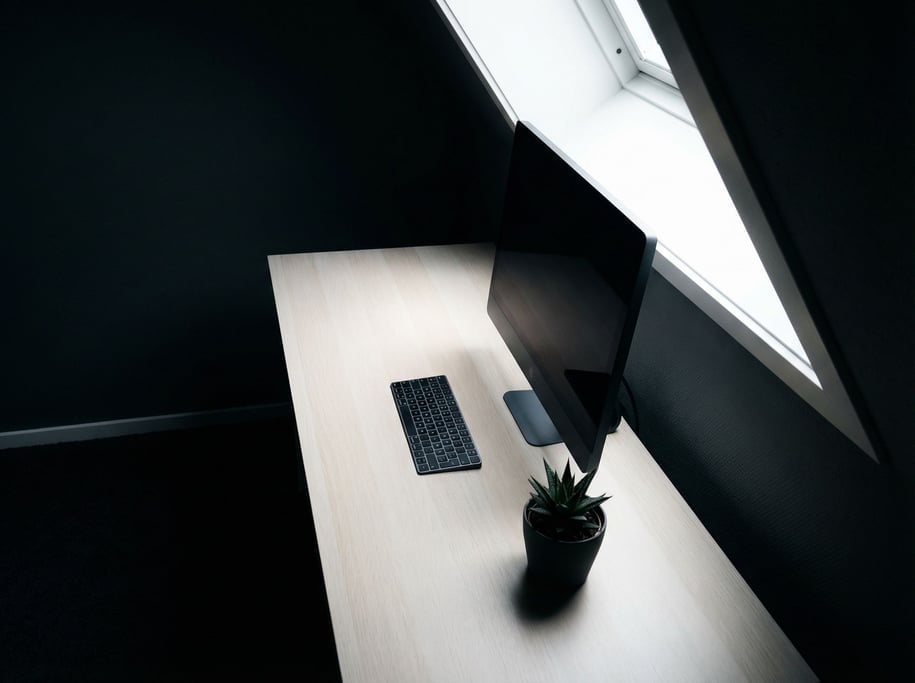 A sleek home office with a slim monitor on a white oak desk, wireless keyboard, single succulent (f0ci0cw8)