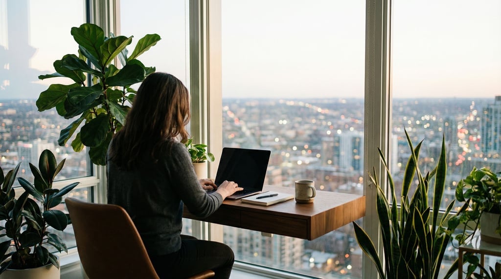A penthouse home office with wraparound windows, slim desk floating against the glass