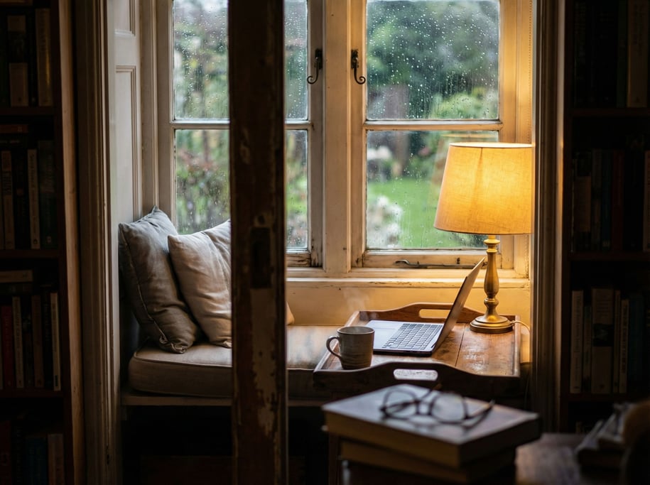 A window seat turned into a workspace, cushions pushed aside, laptop on a wooden tray (60d6ejl)