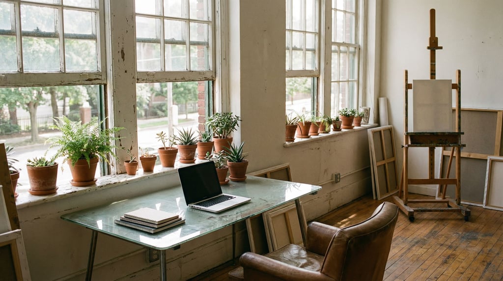 A bright airy studio with white walls, large windows, a glass desk with a slim laptop (hzsjgqkv)