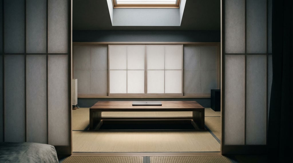 A minimalist Japanese-style floor desk, laptop on a low walnut platform, tatami mat