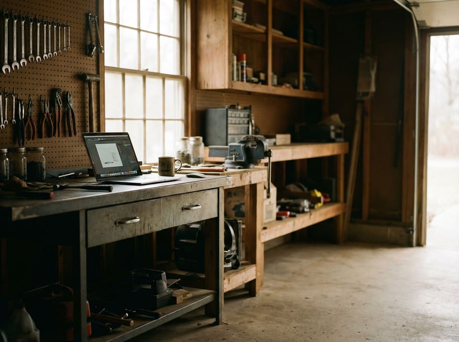 A converted garage workshop, laptop on a steel workbench, tools hanging on pegboard behind (1zvyu2tp)