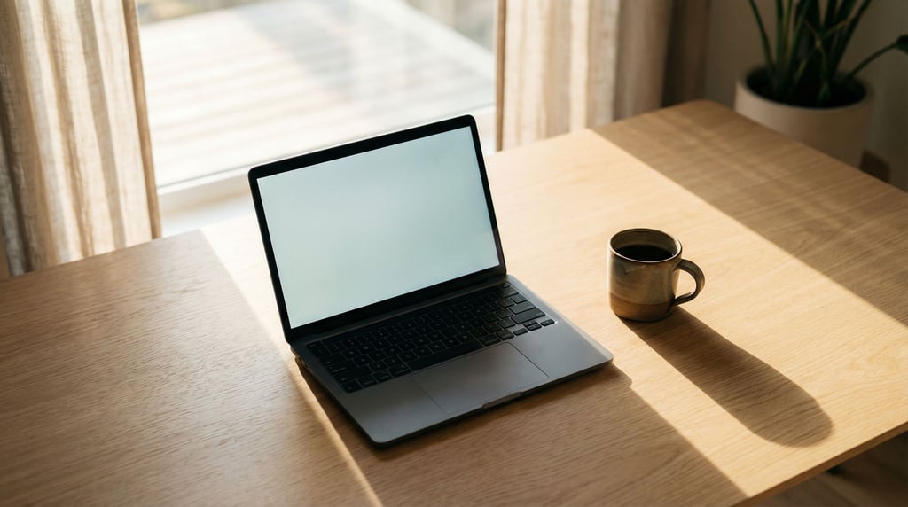 A clean minimal desk with a single laptop and ceramic coffee mug (ivjxev)