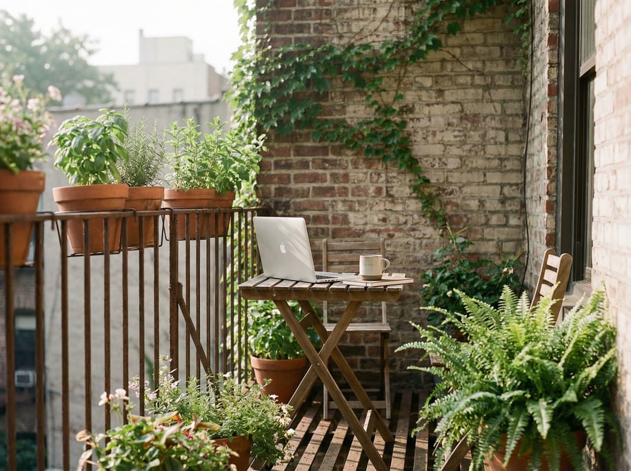 A fire escape workspace in summer, laptop on a small folding table, brick wall behind