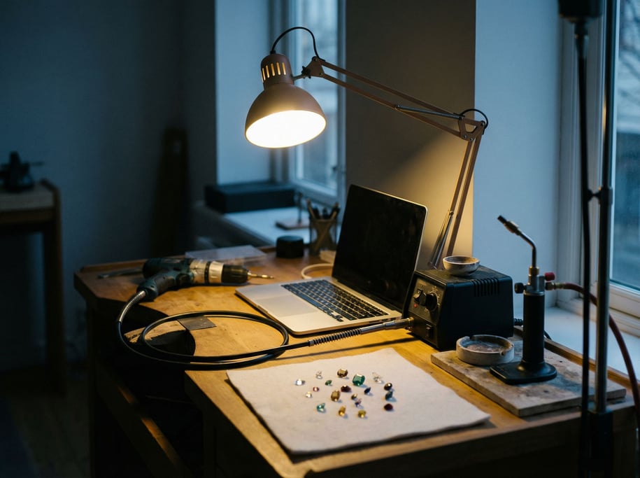 A jeweler's bench workspace, laptop squeezed between a flex shaft tool and a soldering station (h)