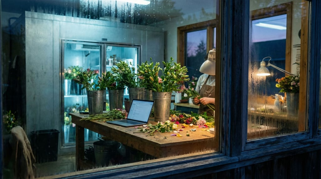 A florist's back room workspace, laptop surrounded by buckets of stems, petals on the counter (hqlvjcz)