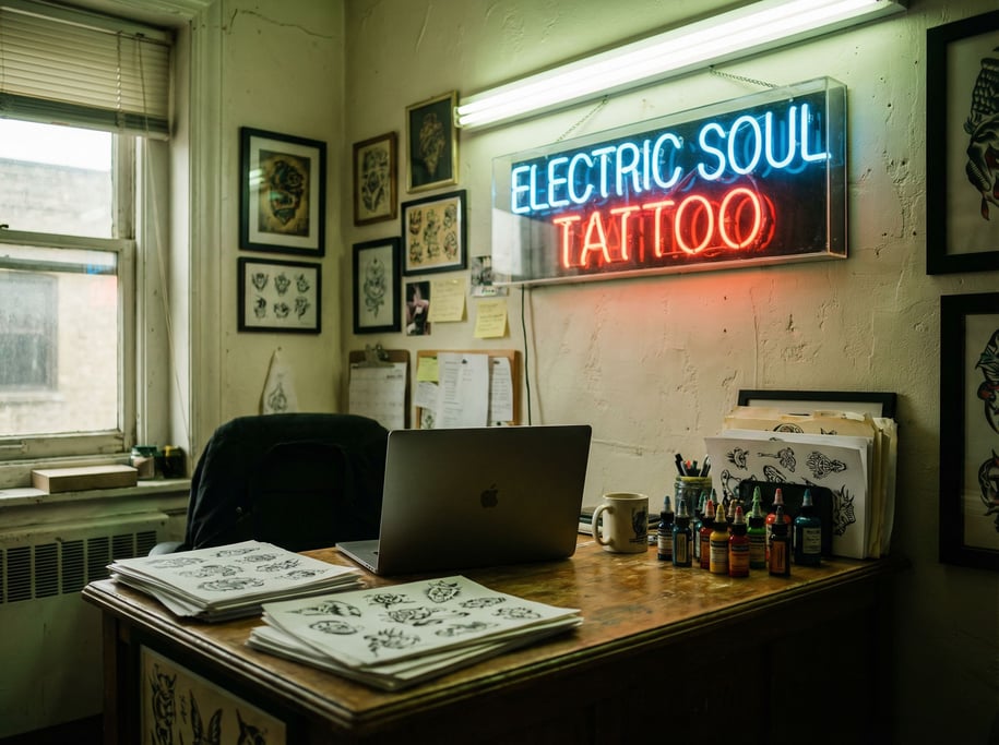 A tattoo parlor office nook, laptop next to flash sheets and ink bottles (ncjvonl)