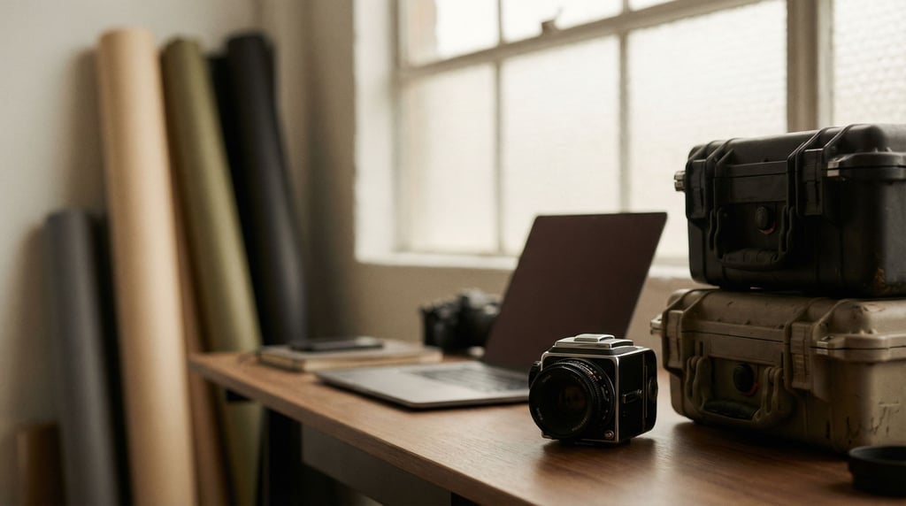 A photography studio office area, laptop next to lighting equipment cases (8wuunw6)