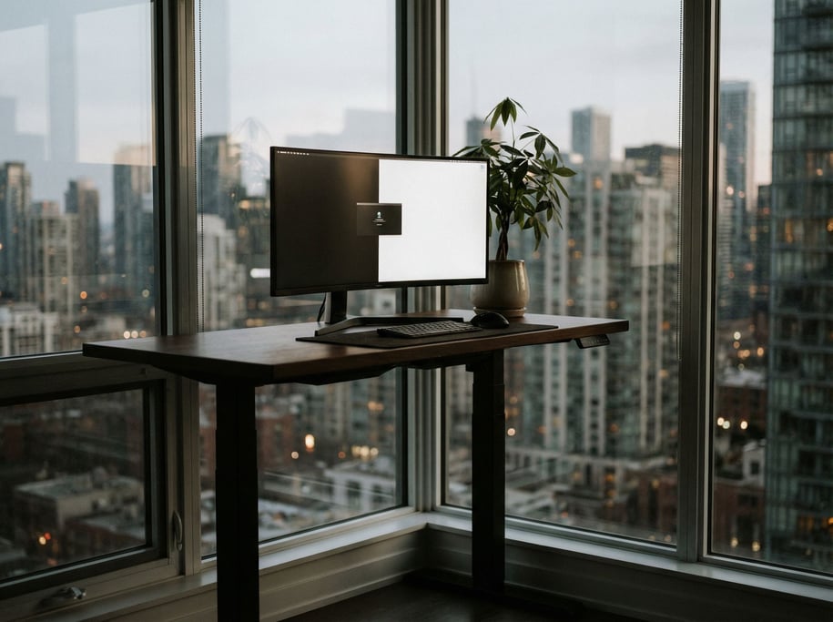A modern standing desk near floor-to-ceiling windows, ultrawide monitor, single plant (nn1ud2p)