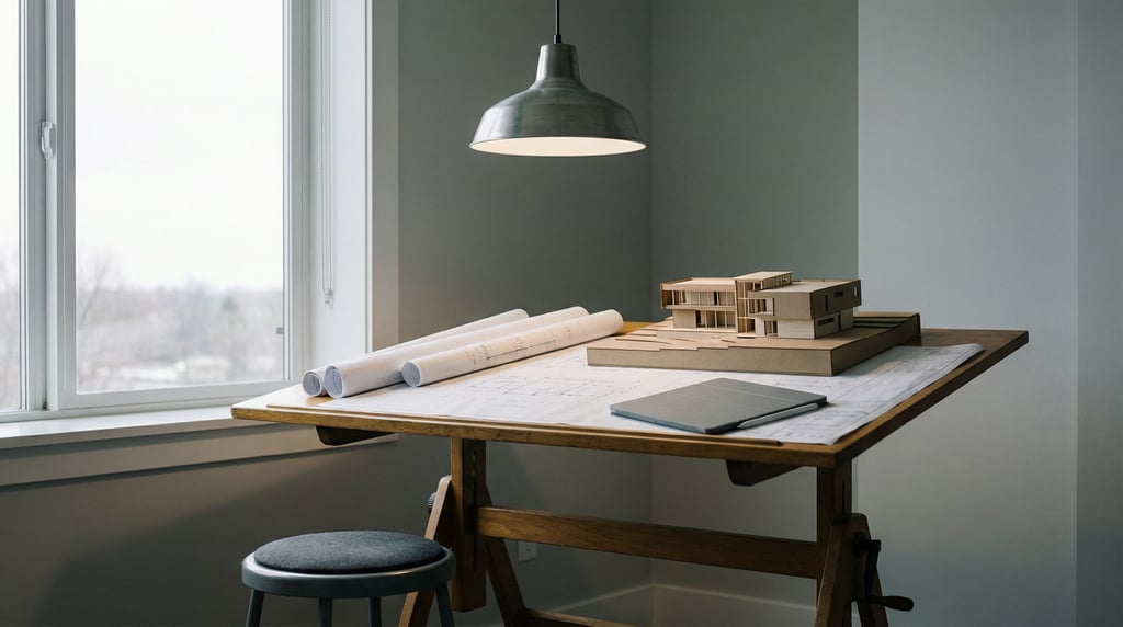 An architect's drafting table with blueprints, a scale model, and a slim tablet (pzgdhpmy)