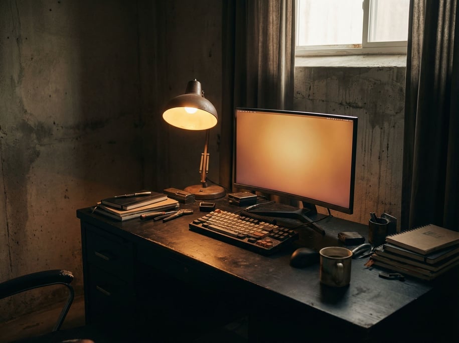 A dark moody workspace with a matte black desk, mechanical keyboard (rnmxktva)