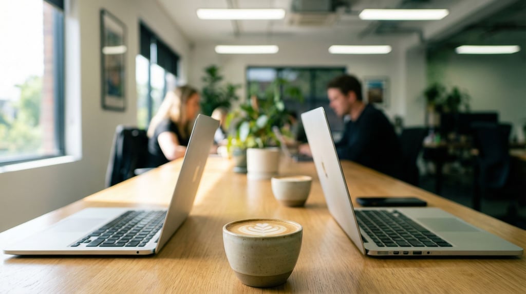 A shared modern coworking table with two laptops facing each other, flat whites between them (ob0bnqhr)