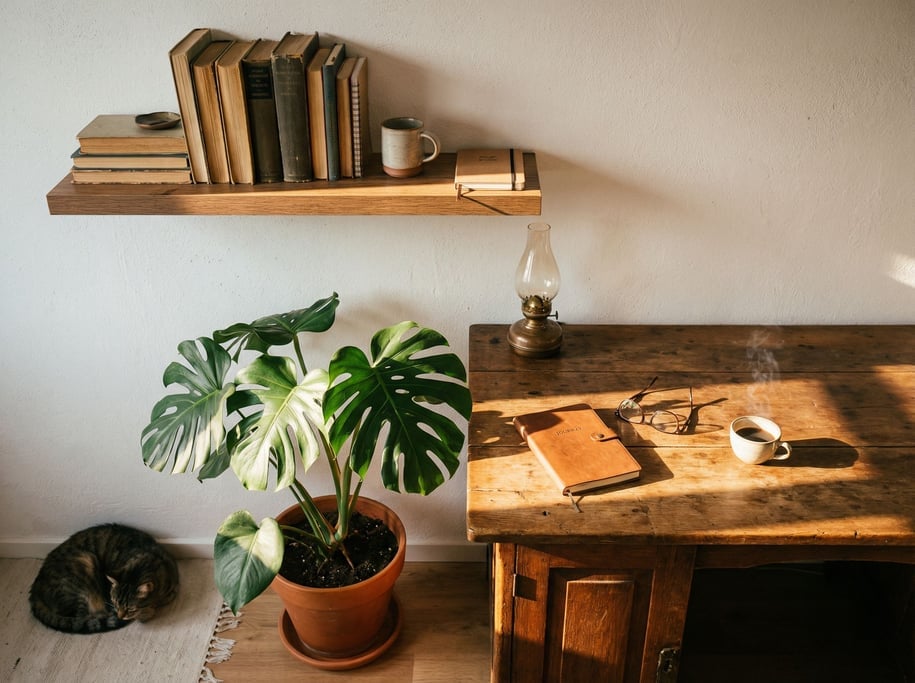 A home office corner with a monstera plant, books stacked on a floating shelf (ikkisjkh)