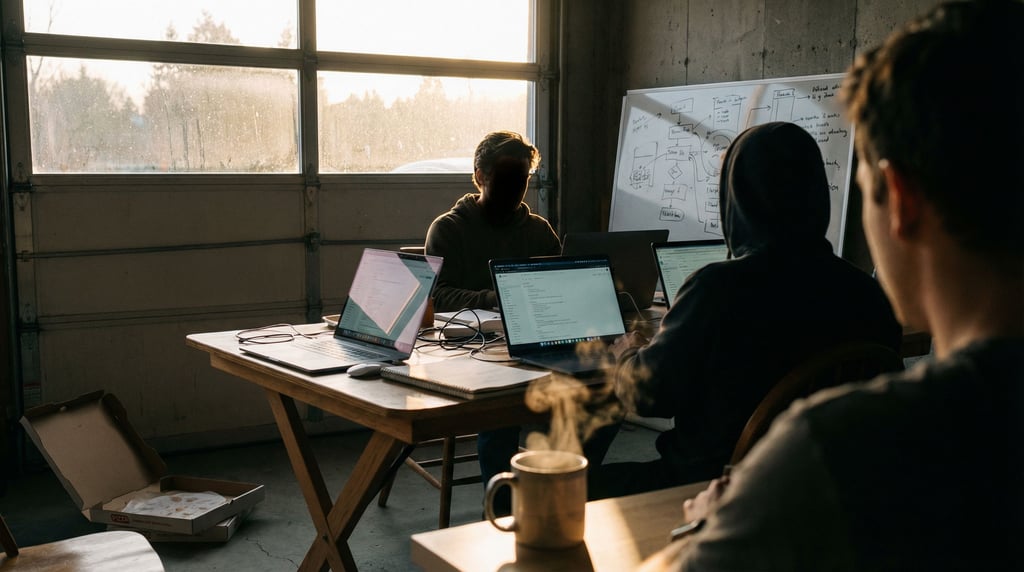 A startup garage office, whiteboard covered in scribbled diagrams behind a folding table with three