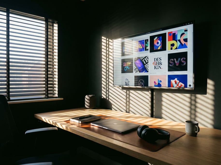 A modern creative studio with a large screen showing design work, clean desk (3yy6igxt)