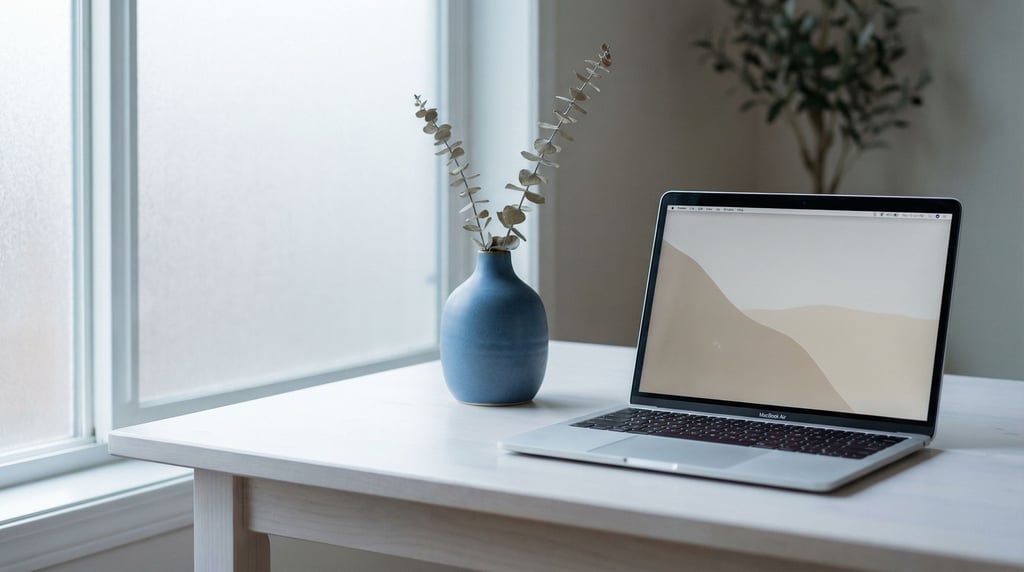 A minimalist white desk with a MacBook and a single blue ceramic vase (ujlyebii)