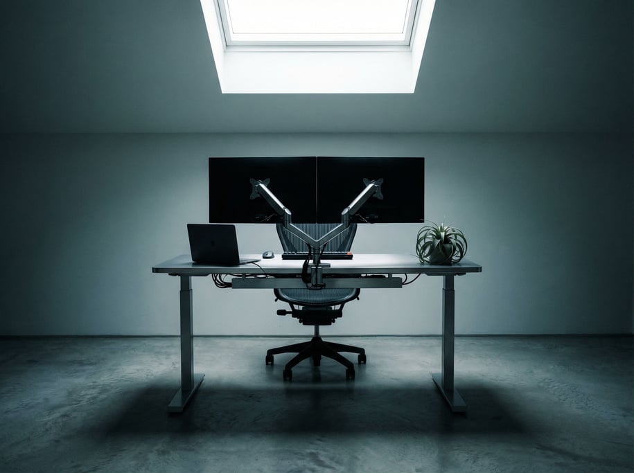 A modern workspace with dual monitors on a sit-stand desk, cable-managed (2xicx1at)