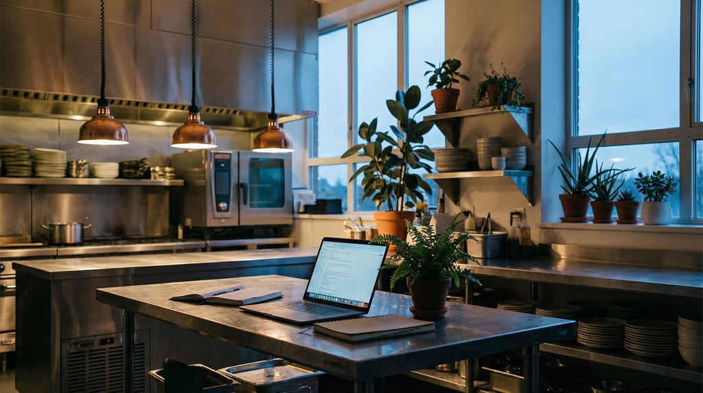 A restaurant kitchen office, laptop on a stainless steel prep station after hours (kdr5)