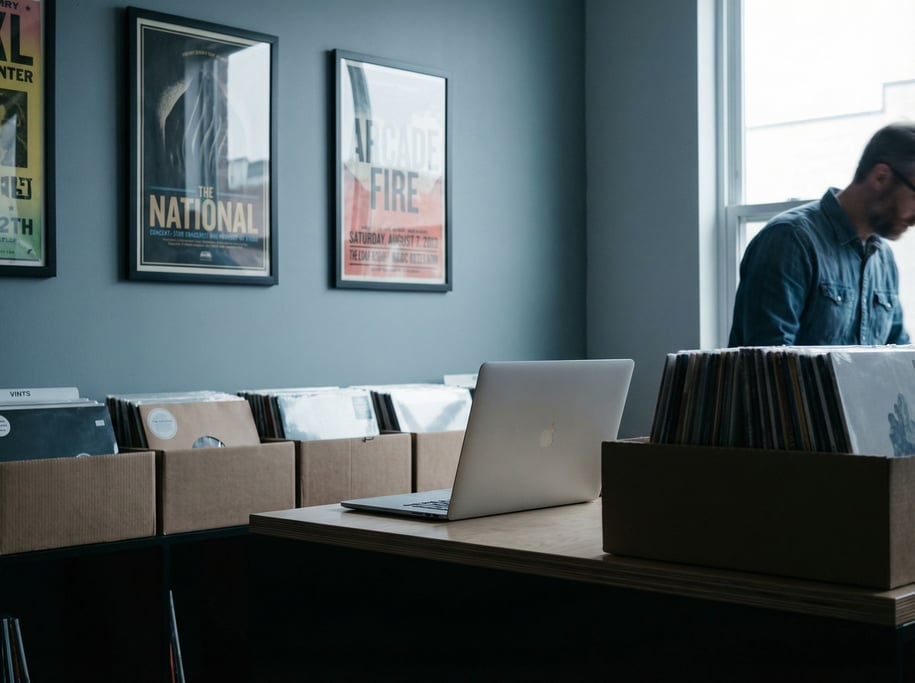 A record store office, laptop on a desk surrounded by stacked vinyl