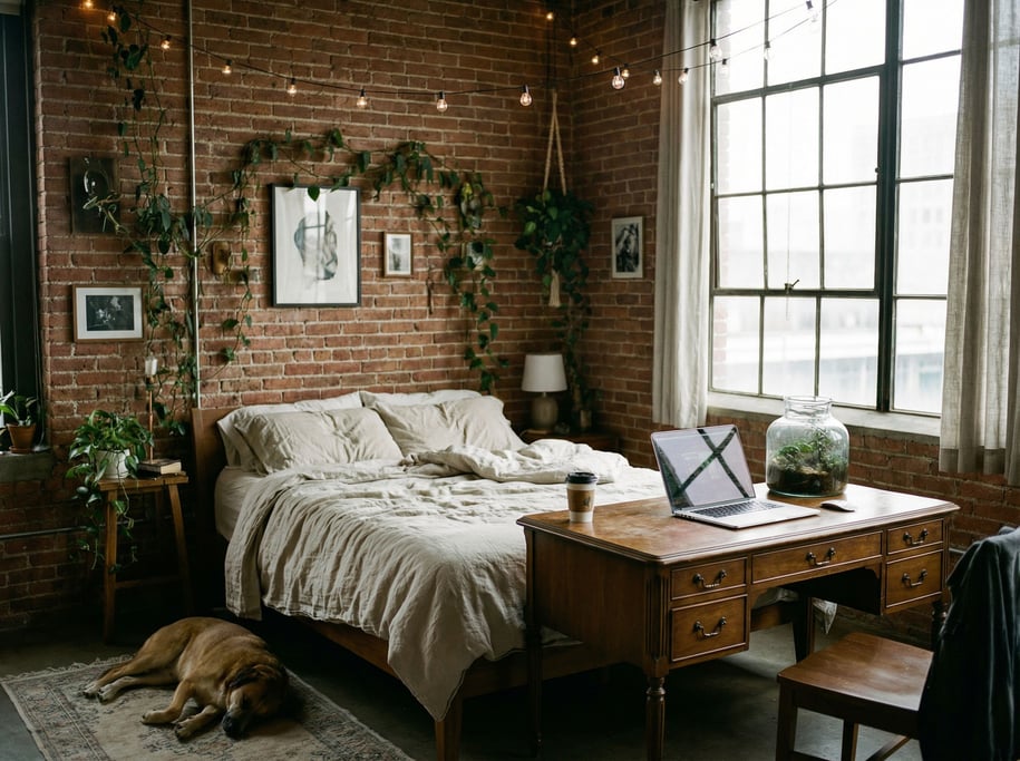 A loft bedroom workspace, laptop on a desk at the foot of an unmade bed, exposed brick wall (2ueyykz0)