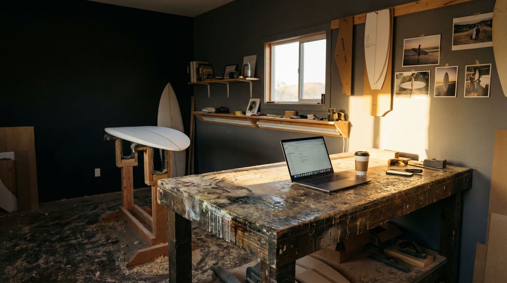 A surfboard shaper's workshop office, laptop on a resin-stained bench (zqy)