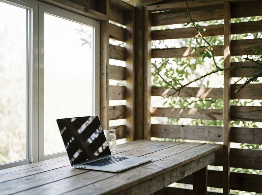 A treehouse office, laptop on a rough-hewn plank desk, branches visible through open slat walls (e2knw6mg)