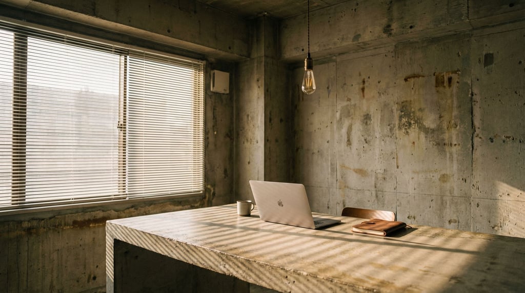 A brutalist concrete office interior, slim laptop on a poured concrete desk, single pendant bulb (ixrgubb6)