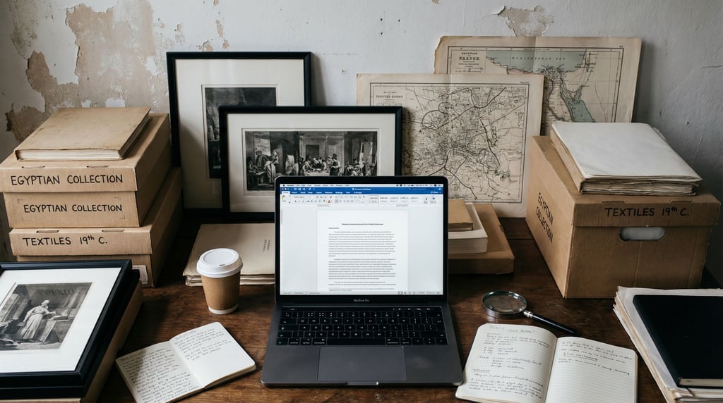 A museum curator's back office, laptop surrounded by archive boxes and framed prints leaning against (666uknaf)