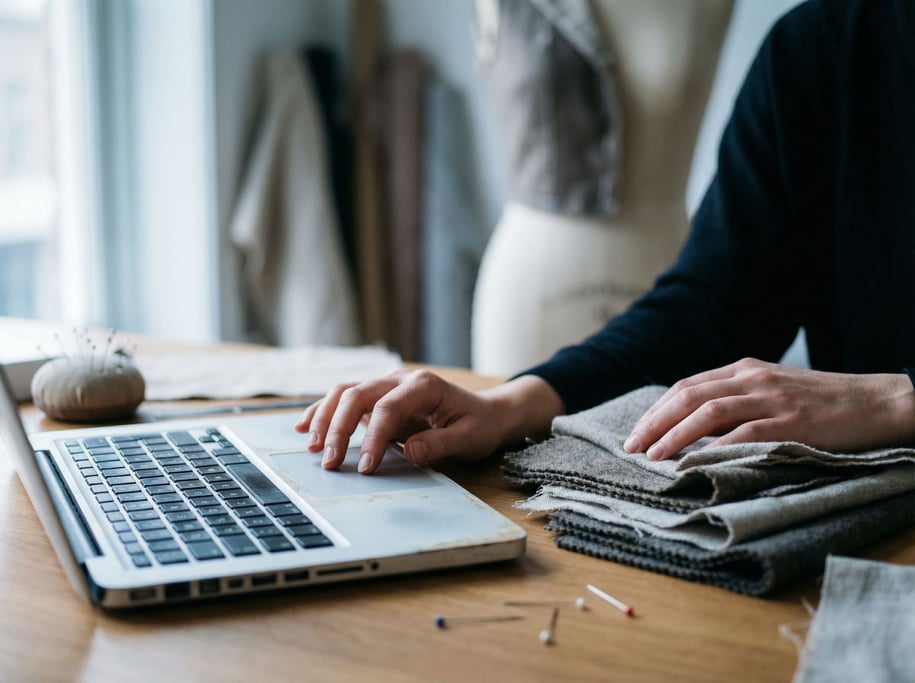 A fashion designer's atelier workspace, laptop next to fabric swatches and a dress form (vfukt4l6)