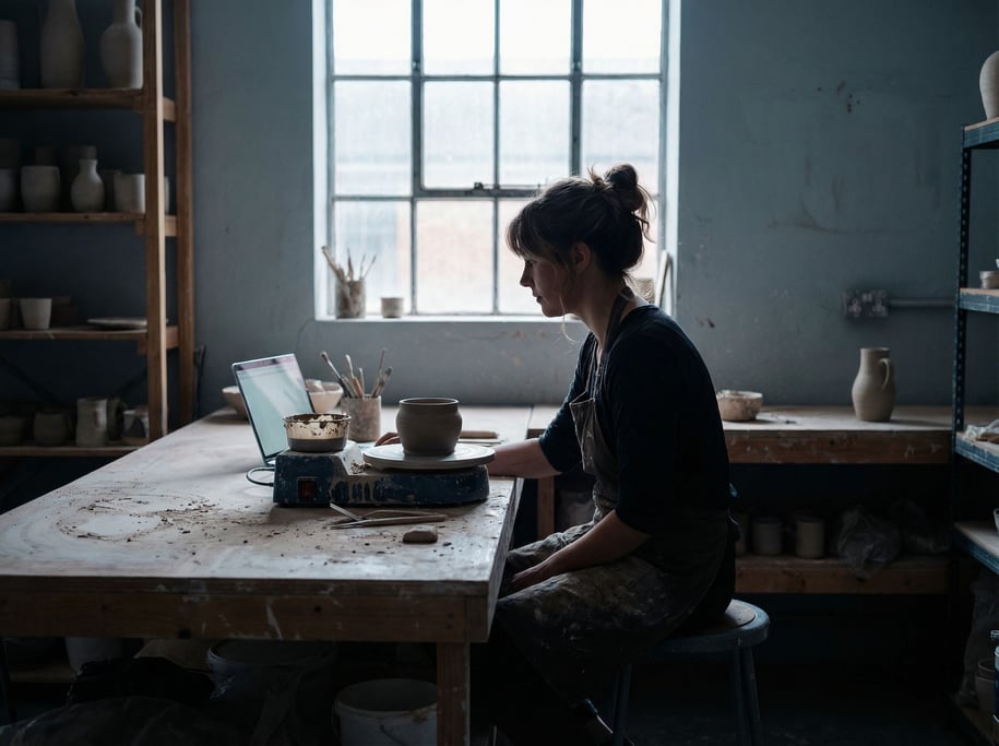 A ceramicist's workbench doubling as a desk, laptop next to a pottery wheel