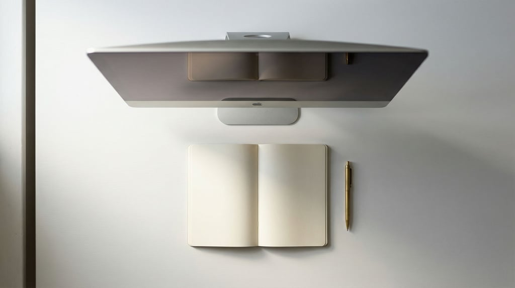 A clean white desk with an iMac, single notebook, and a pen, everything aligned and minimal (forbxv1d)
