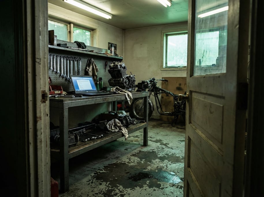 A motorcycle garage office corner, laptop on a metal shelf unit