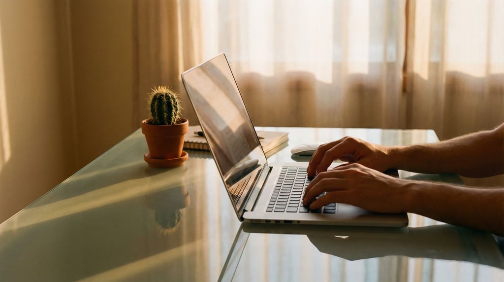 A glass-top desk with a slim laptop, wireless mouse, and a small cactus (yedzrn05)